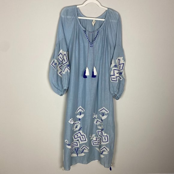 Benaras by Citrus Embroidered Boho Maxi Dress Blue Long Balloon Sleeves Belted - Picture 1 of 11